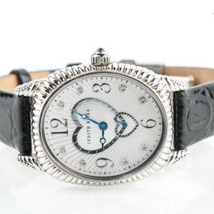 Judith Ripka Sterling Silver Double Heart Watch w/ black leather embossed strap